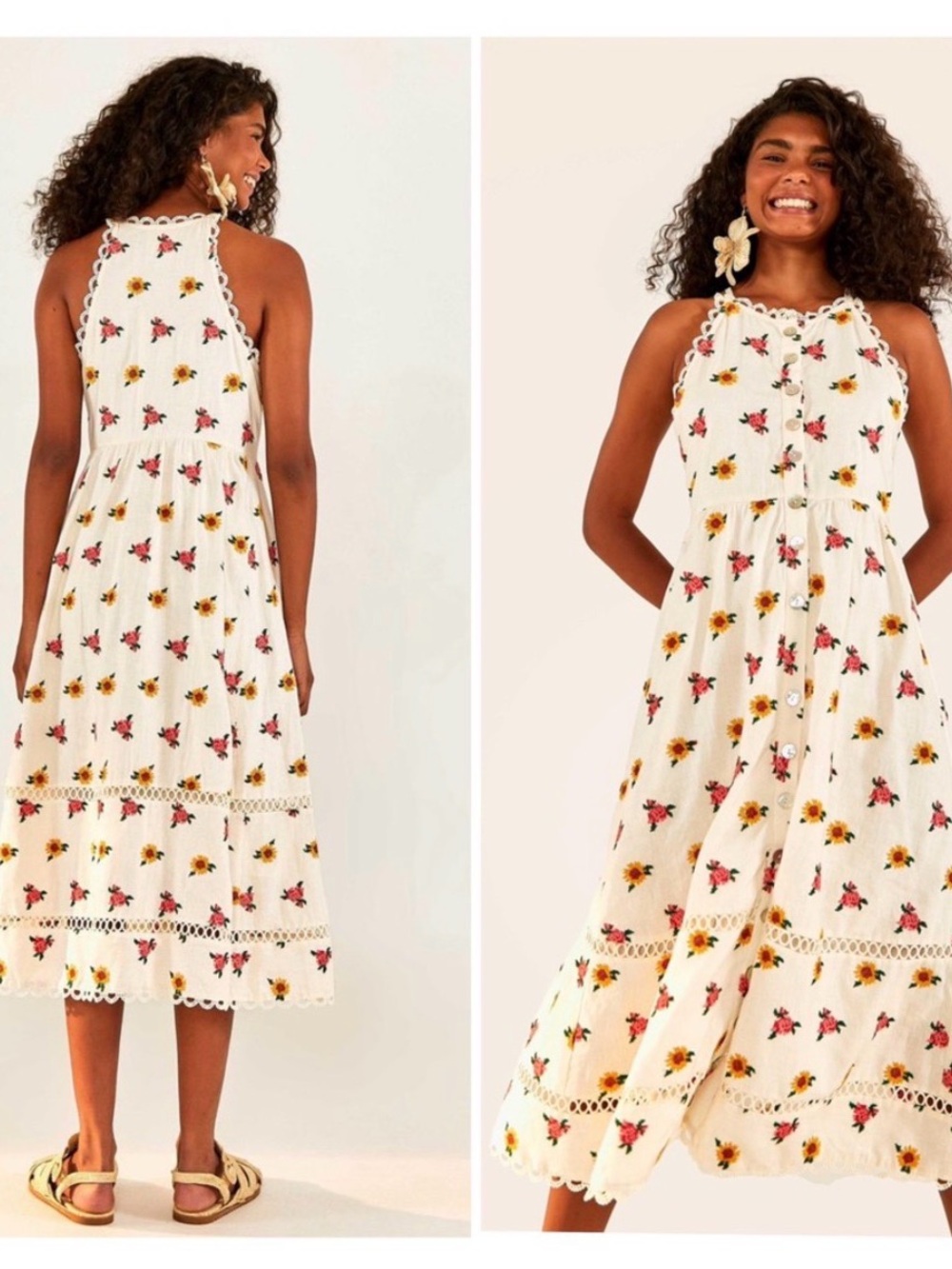 Farm Rio White Linen Blend Mixed Cross Stitch Flowers Midi Dress SMALL